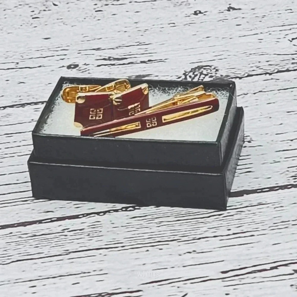 Givenchy Burgundy and Gold Tone Cufflinks and Tie Bar Set - Picture 3 of 3